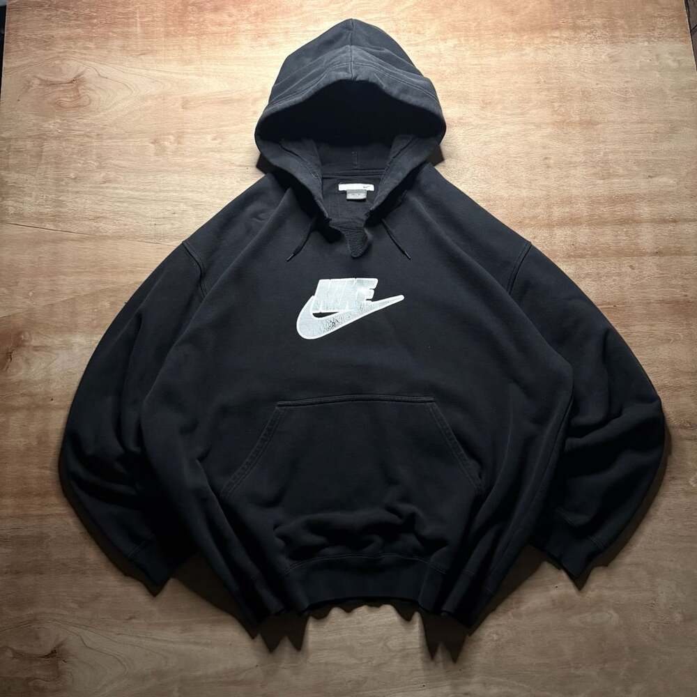 Vintage Nike Grey Tag XXL Faded Black Distressed Swoosh Hoodie Y2K